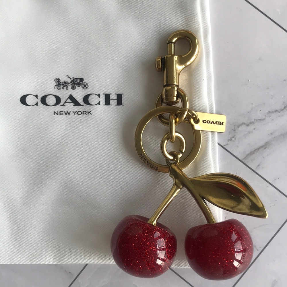Coach Red Glitter Cherry Keychain with Gold Hardware